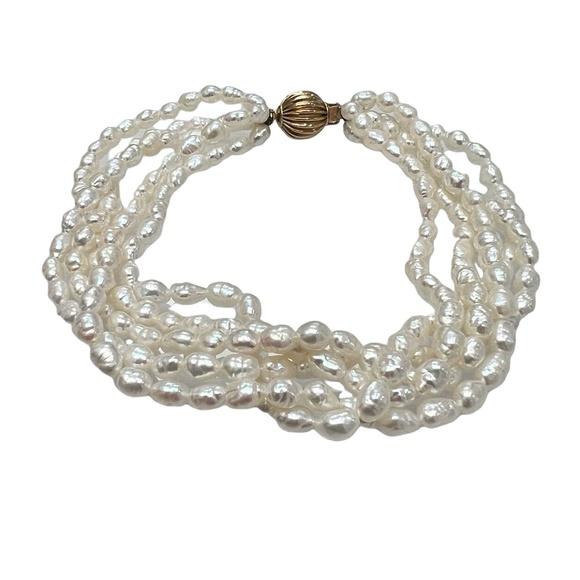 VINTAGE 8" LONG 5 STRAND RICE FRESHWATER PEARL WITH 14K BALL CLASP BRACELET - Picture 8 of 9